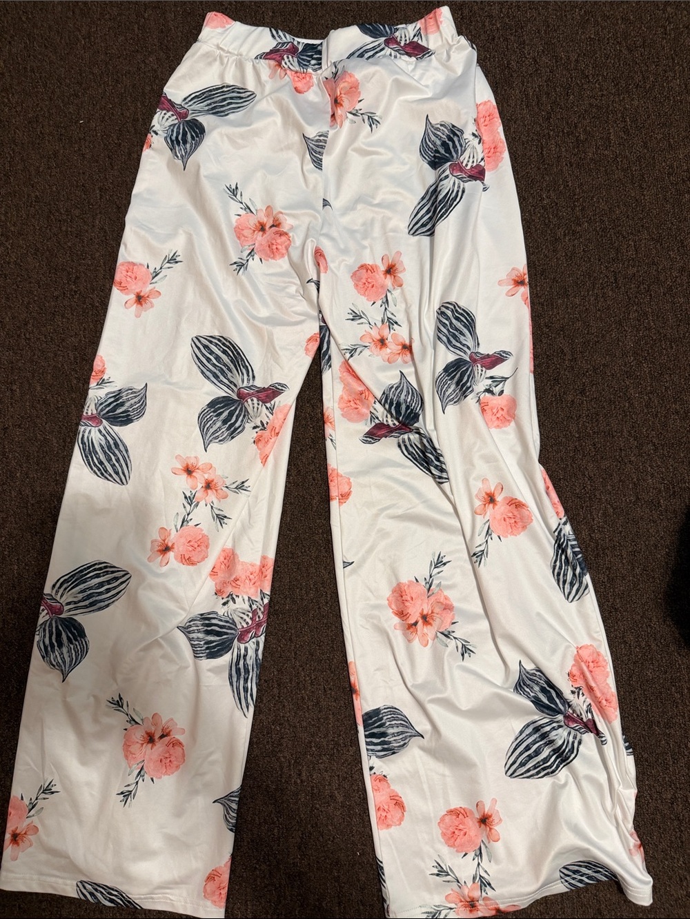 SHEIN White Wide Leg Floral Pants with Pink & Navy Print